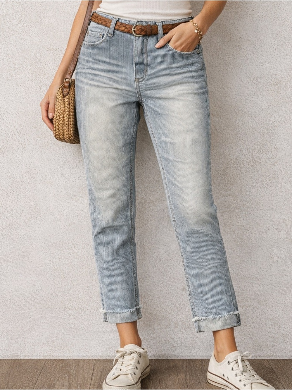 Vintage America Pinstripe Bestie Jeans Raw Hem Cropped Slim Straight Size 8/29